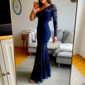 Navy blue lace mermaid dress with sequin detail